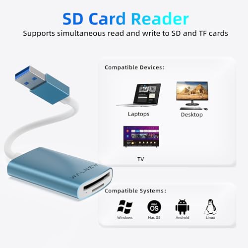 WALNEW USB 3.0 Micro SD Card Reader with Dual Slots, Memory Card Reader | Supports SD/SDXC/SDHC/Micro SDXC/TF/UHS-I, For Mac, Windows, Android, Laptop, Camera - color: BLUE