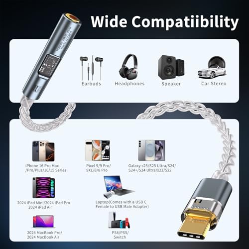 USB C to 3.5mm Audio Adapter with Dual Chip CX31993 MAX97220 DAC & HiFi Amplifier, 8-Strand 4N Single Crystal Silver-Plated Copper Cable,USBC to Headphones Aux Dongle for Android iPhone PC Mac (Black) - color: Black