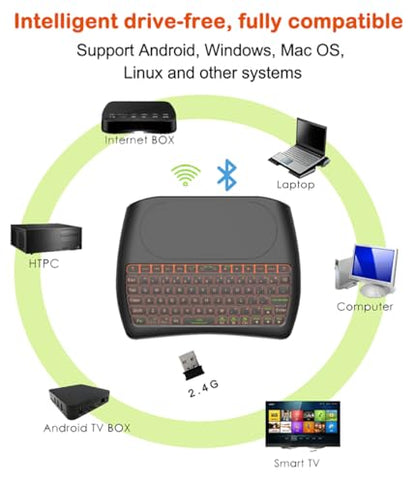 D8 Mini Bluetooth Keyboard, Rechargeable Wireless with Touchpad, Backlit Handheld Small Remote Keyboard, 2.4G WiFi/BT4.2 Dual Mode for PC, TV Box, iOS, Android, Window, Mac OS