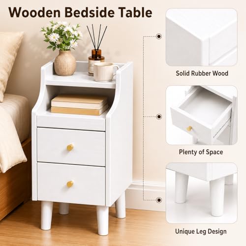 POWERSTONE Narrow Nightstand with 2 Drawers Set of 2, Solid Wood Bedside Table with Pull Out Tray & Cable Hole & Slots, Slim End Side Table for Small Spaces Bedroom, Living Room, White - color: White