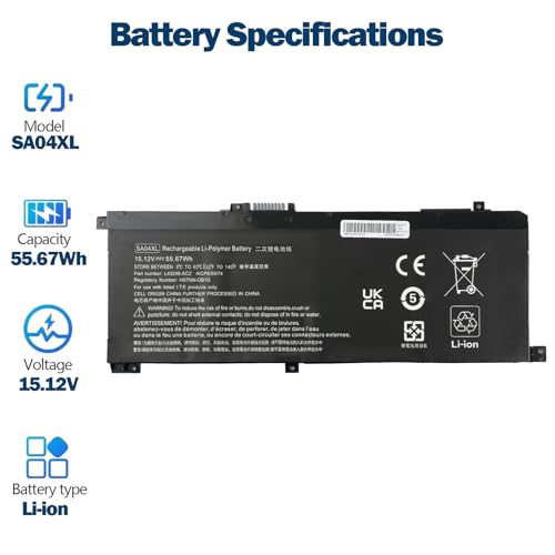 Amanda SA04XL Battery for HP Envy X360 15-DR 15-DR0010TX Series Notebook HSTNN-OB1F HSTNN-OB1G HSTNN-UB7U L43248-541 L43248-AC1 L43248-AC2 L43267-005 SAO4XL 15.12V 55.67Wh - size: 11.85*5.67*1.26 inch SA04XL