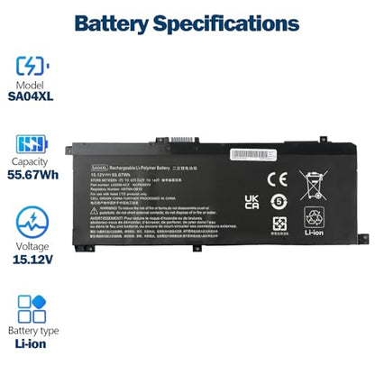 Amanda SA04XL Battery for HP Envy X360 15-DR 15-DR0010TX Series Notebook HSTNN-OB1F HSTNN-OB1G HSTNN-UB7U L43248-541 L43248-AC1 L43248-AC2 L43267-005 SAO4XL 15.12V 55.67Wh - size: 11.85*5.67*1.26 inch SA04XL
