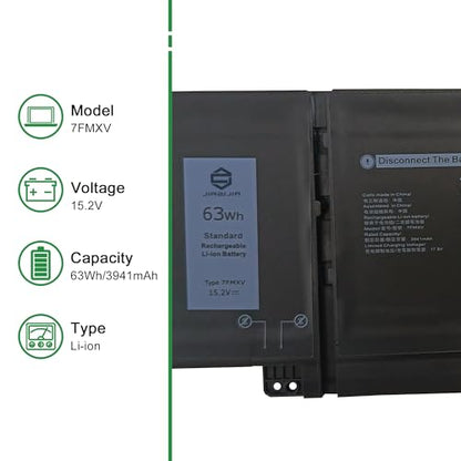 7FMXV CPX-1PP63 63Wh Laptop Battery Replacement for Dell Latitude 5320 7320 7420 7520 P138G P138G001 P139G P139G001 P133G P134G P135G P136G P110F Series 0TN2GY TN2GY 04M1JN 4M1JN 1PP63 15.2V - size: 12.1*5.1*1.0inch 7FMXV
