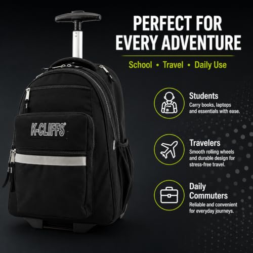 Heavy Duty Rolling Backpack School Bookbag with Wheels Deluxe Wheeled Daypack - color: Black