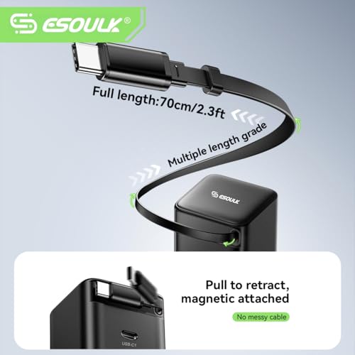 65W USB C Charger with Retractable Cable Dual Port Foldable Plug | 65W Fast Charging for Laptops Tablets and Phones, 27.5 Inch Built In Retractable USB C Cable, Dual USB C Ports