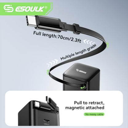 65W USB C Charger with Retractable Cable Dual Port Foldable Plug | 65W Fast Charging for Laptops Tablets and Phones, 27.5 Inch Built In Retractable USB C Cable, Dual USB C Ports