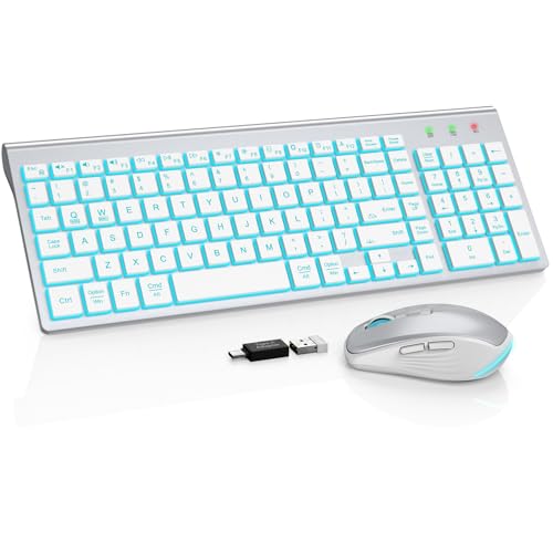 SABLUTE Wireless Keyboard and Mouse Combo, Compact Backlit Scissor Keys | Slim Design, Rechargeable, Quiet Typing, RGB Mouse, Auto Sleep, 2.4GHz USB Wireless, KM61PRO Portable Set for Windows & Mac - color: Silver White
