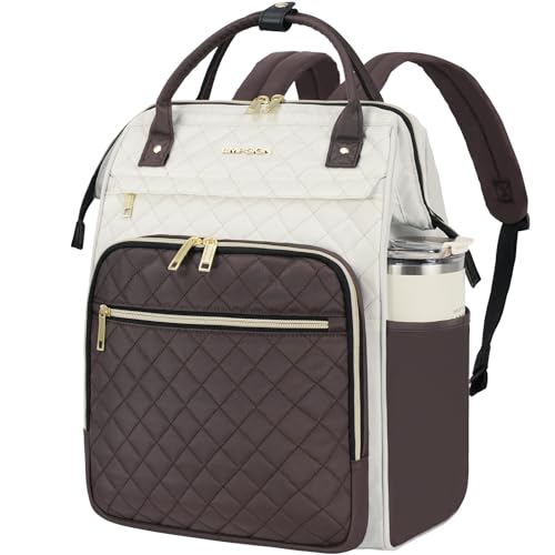 EMPSIGN 17 Inch Laptop Backpack for Women, Beige-Coffee | Computer Bag, Work Business Travel College, Large Capacity, Water-repellent, Quilted Casual Daypack - color: Beige/Coffee, size: 17 inch