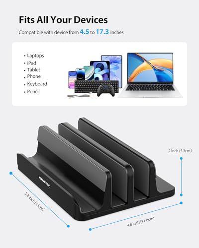 AboveTEK Vertical Laptop Stand Holder, 3 Slots Aluminum Desk Stand with Adjustable Dock Size for Tablet, MacBook, Phone - Universal Fit (up to 17.3") - Heavy Duty Polished, Anti Slide - Black - color: Black