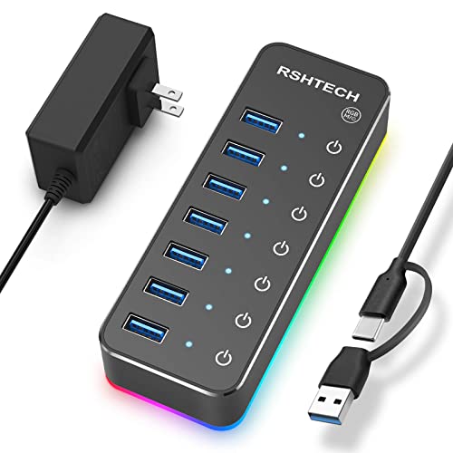 RSHTECH RGB USB Hub, USB C/USB 3.0 to 7-Port Powered USB Hub, RSH-518R | Gaming USB Hub Splitter with 14-Mode RGB LED Strip, 3.3ft USB-C/A Cable, 5V/4A Power Adapter and Individual Touch Switches