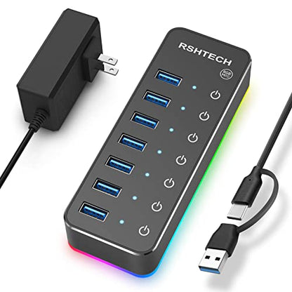 RSHTECH RGB USB Hub, USB C/USB 3.0 to 7-Port Powered USB Hub, RSH-518R | Gaming USB Hub Splitter with 14-Mode RGB LED Strip, 3.3ft USB-C/A Cable, 5V/4A Power Adapter and Individual Touch Switches