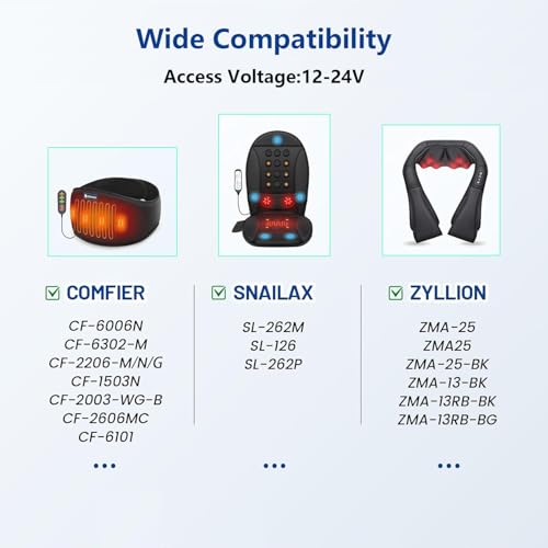 HUZUM 12V Car Charger Adapter for All Neck Back Massage Cushion Replacement Power Cord Cable Cigarette Lighter Compatible with Comfier/Snailax/Zyilion Neck Back Massage Cushion
