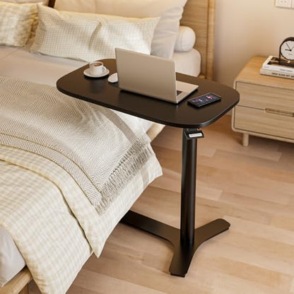 Muvai Overbed Bedside Table with Hidden Casters,30 Inches Adjustable Height Pneumatic Mobile Laptop Standing Desk, Rolling Computer Table for Home & Hospital Use ，Black 30" W x 17.7" D - color: Black