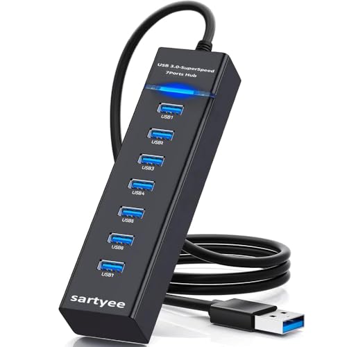 USB 3.0 SuperSpeed 7-Port Hub, High-Speed Data Transfer and Sync for Multiple Devices, Compatible with Laptop, PC, MacBook, iMac, Surface Pro, Windows/Mac/Linux, Bus-Powered, Plug and Play