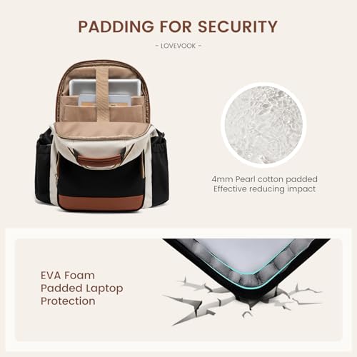 LOVEVOOK Laptop Backpack for Women with Pouch Pocket for Large Capacity Cup,15.6 Inch Laptop Computer Bag Travel Backpack Purse,Work Business Backpack College Teacher Bags,Beige-Black-Brown + V-shaped - color: Beige - Black - Chestnut Brown + V-shaped, si