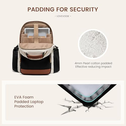 LOVEVOOK Laptop Backpack for Women with Pouch Pocket for Large Capacity Cup,15.6 Inch Laptop Computer Bag Travel Backpack Purse,Work Business Backpack College Teacher Bags,Beige-Black-Brown + V-shaped - color: Beige - Black - Chestnut Brown + V-shaped, si