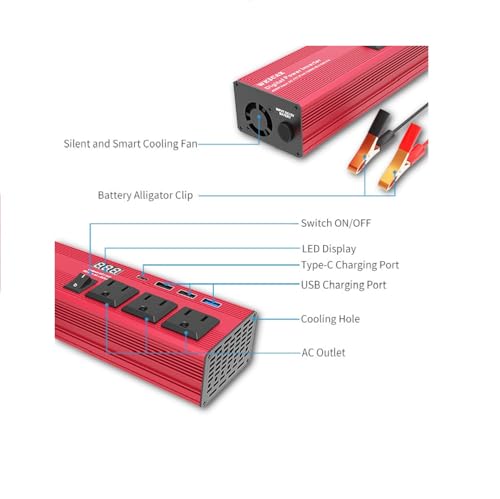 HearGrow 600W Modified Sine Wave Car Power Inverter 12 Volt Power Inverter to 110V Car Charger Converter 4 USB Ports + 3 AC Outlet for Car Appliances, Outdoor Camping, Emergency Backup