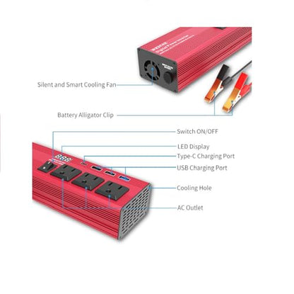 HearGrow 600W Modified Sine Wave Car Power Inverter 12 Volt Power Inverter to 110V Car Charger Converter 4 USB Ports + 3 AC Outlet for Car Appliances, Outdoor Camping, Emergency Backup