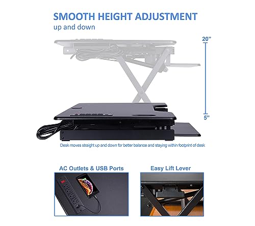 Rocelco 46" Height Adjustable Standing Desk Converter - Desktop AC USB Charger - Sit Stand Up Triple Monitor Riser - Tall Computer Workstation - Retractable Keyboard Tray - Black (R DADRB-46-ACUSB) - color: Black Acusb, size: 46", style: Riser Only