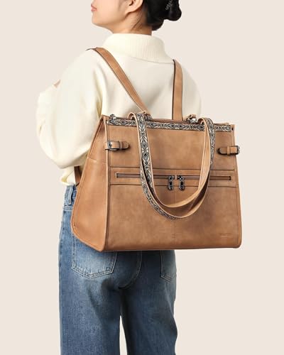 FADEON Laptop Bag for Women Designer PU Leather Large Tote Bags Backpack Purses with 15.6 Laptop Compartment Shoulder Handbag - color: Camel Brown Retro Style