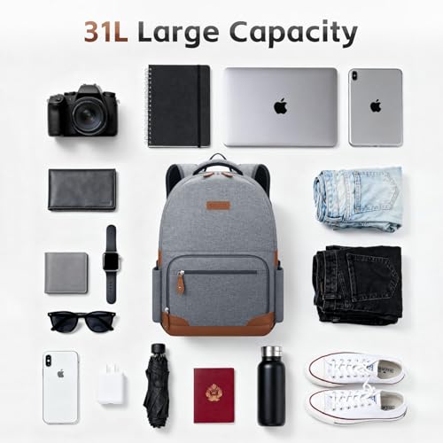 RealCool 15.6-17.3" Laptop Backpack, 31L Water Resistant Travel Bag | Independent frame opening, lightweight ,multi-compartments, ergonomic padded straps, luggage belt, for School,Business Trip - color: Gray