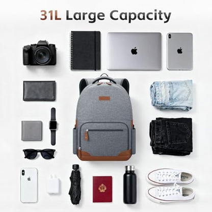 RealCool 15.6-17.3" Laptop Backpack, 31L Water Resistant Travel Bag | Independent frame opening, lightweight ,multi-compartments, ergonomic padded straps, luggage belt, for School,Business Trip - color: Gray