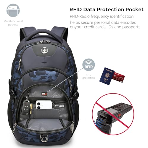 Swissdigital Design Laptop Backpack with USB Charging Port, Travel Backpack Fits 15.6 inches Computer, 31L College School Backpack for Men, Blue Camo | SD803-92 - color: Blue Camo