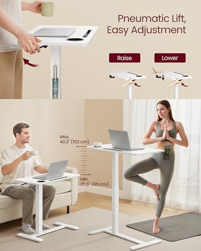 VASAGLE Overbed Table with Wheels, Mobile Standing Computer Desk, 27.6 x 15.7 Inches Tabletop, Adjustable Height, 2 Cup Holders, Phone and Tablet Slot, Cloud White ULSD600W01 - size: 27.6"W x 15.7"D