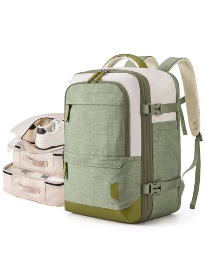 BAGSMART 37L Expandable Travel Backpack Compression Carry On Daypack | Weekender Bag Fits 17" Laptop. Water Resistant Luggage with Packing Cubes and Shoe Pouch. - color: Green and White