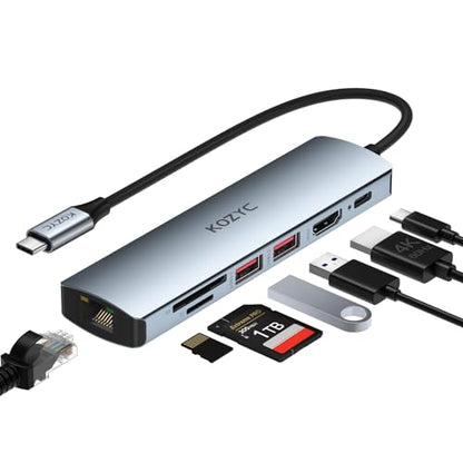 USB C Hub Ethernet Multiport Adapter, KOZYC 7-in-1 USB C Hub with HDMI 4K@60Hz, 1Gbps Ethernet, 100W PD, 2 USB 3.2 Gen2 10Gbps Data, SD/TF Card Slots Port, Compatible with MacBook Air/Pro, XPS13/15 - style: 7-IN-1 USB-C Hub 10Gbps