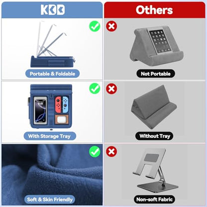 KDD Tablet Pillow Stand with Storage, Foldable iPad Holder for Lap, Desk and Bed, Angle Adjustable Soft Pad Dock with Stylus Mount Compatible with iPad Pro, Air, mini, Book, Phone and Tablet (4-13") - color: Dark Blue