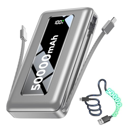 50000mAh Portable Charger Power Bank with Built-in Cables & Flashlight | Ultra-High Capacity, 22.5W Fast Charging, Charge Multiple Devices, Flashlight, Travel Essential, for iPhone & Android - color: Cool Grey