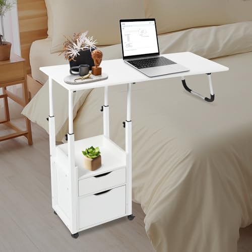 Overbed Table with Wheels, Movable Bedside Table Height Adjustable Over Bed Desk Foldable Rolling Laptop Desk with Drawers for Home & Hospital Use (White) - color: White