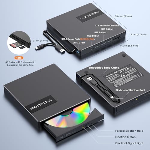 ROOFULL External CD DVD Drive with 4 USB Port & 2 SD Card Slot & Case | 8 In 1 USB-C 3.0 Optical Disk Drive CD DVD Player Burner Reader Writer for Laptop PC MacBook, Windows Linux Mac OS, RF40-SU - style: 8 In 1 Drive + Carrying Case