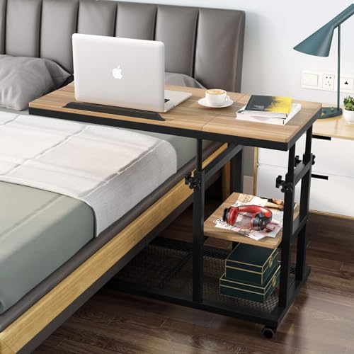 Tribesigns Height Adjustable C Table with Wheels, Mobile Couch Snack Side Table with Tiltable Drawing Board, Sofa Bedside Laptop Stand C Shaped TV Tray with Storage Shelves (Black+Oak) - color: Black+oak