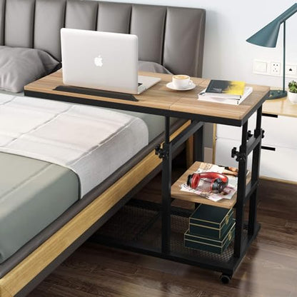Tribesigns Height Adjustable C Table with Wheels, Mobile Couch Snack Side Table with Tiltable Drawing Board, Sofa Bedside Laptop Stand C Shaped TV Tray with Storage Shelves (Black+Oak) - color: Black+oak