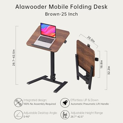 25" Mobile Folding Desk: Pneumatic Sit-Stand, No Assembly | 29-42" Height Adjustable Rolling Laptop Desk, Hidden Wheels, 0-90° Tilt Top. Ideal for Home Office, Craft & Study. - color: Brown