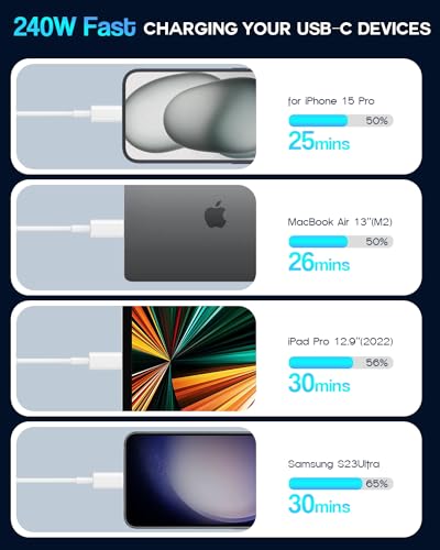 USB C to USB C, 240W USB C Cable, 2-Pack 10ft C to C Cable Fast Charging for MacBook Pro/MacBook Air, iPad Pro/iPad Air, iPhone 16 15 Pro Max Plus, Samsung Galaxy,Compatible 140W/100W/65W/45W/35W/20W - color: White, size: 10Foot