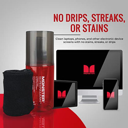 Monster Screen Cleaner Kit with Microfiber Cloth, 60 mL Screen Cleaner Spray for TVs, Monitors, Laptops, Tablets, Smartphones, Eyeglasses, LCD LED OLED Display Cleaner