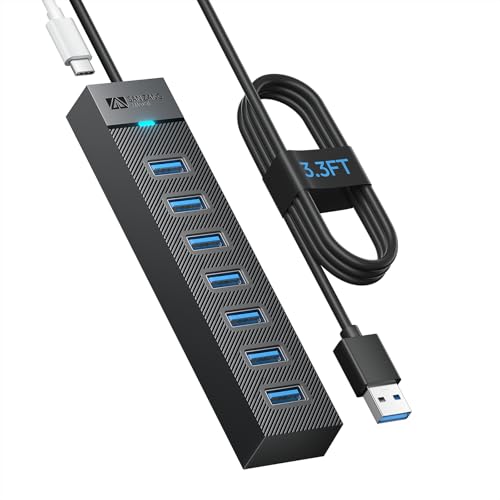 SAN Zang 7-Port USB 3.0 Hub: High-Speed 5Gbps USB Splitter & Extender with 3.3ft Cable, Multi-Port Data Hub for Laptop, PC, Mac, HDD, Flash Drive (Plug & Play, Wide Compatible) - size: 3.3FT