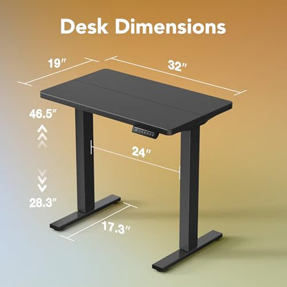 HUANUO 32x19 Inch Small Electric Standing Desk, Adjustable, Black | Compact Home Office Desk, 176lbs Heavy Duty Lifting with 4 Height Presets. M8 Screw Holes Ready for DIY Mobile Wheels - color: Black, size: 32" X 19"