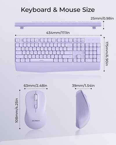 seenda Wireless Bluetooth Ergonomic Keyboard Mouse Combo, Full Size, Purple | USB/Bluetooth multi-device switching, with wrist rest, number pad, and quiet operation for PC, laptop, Mac, MacBook, and iPad - color: Purple