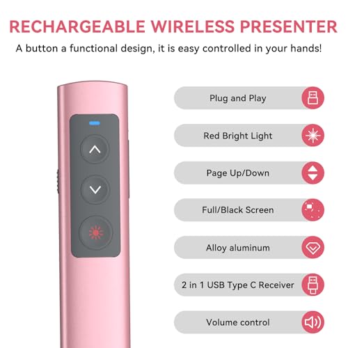 Pink Presentation Clicker for PowerPoint Presentations, Wireless Presenter PowerPoint Clicker with Red Light, [Aluminum Alloy] PPT Slideshow Remote Clicker for Mac, Computer - style: Pink-red light