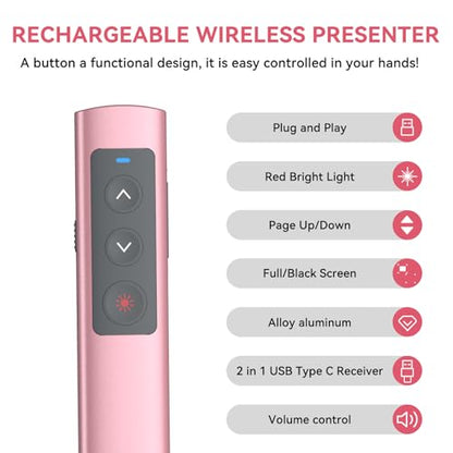 Pink Presentation Clicker for PowerPoint Presentations, Wireless Presenter PowerPoint Clicker with Red Light, [Aluminum Alloy] PPT Slideshow Remote Clicker for Mac, Computer - style: Pink-red light