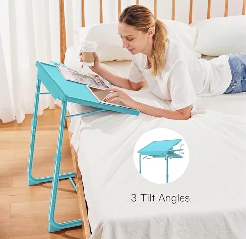 HUANUO Adjustable TV Tray Table - TV Dinner Tray with Cup Holder on Bed & Sofa, Comfortable Folding Table with 6 Height & 3 Tilt Angle Adjustments for Laptop (Azure) - color: Azure