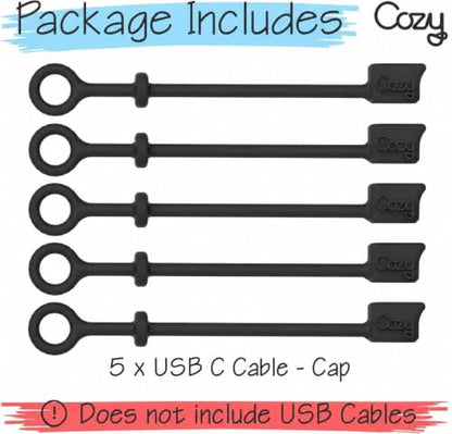Cozy USB C Cable Dust Caps with Tether, Protection from Oxidation, Portable Travel Adapter Cover, Black, 5-Piece - color: USB-C (5) Black