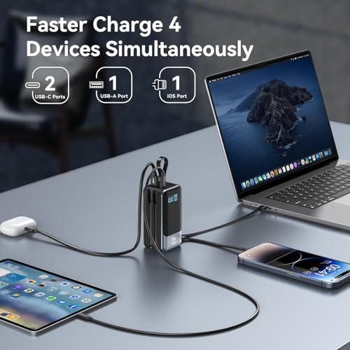 65W Power Bank for Laptop, 18400mAh Fast Charging Portable Charger, Battery Pack with Dual Built-in USB-C & Lightning Cables, LCD Display Travel Chargers for MacBook/Dell XPS/iPad/iPhone 15/Samsung - color: Black