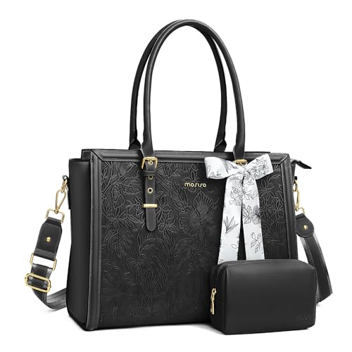 MOSISO Laptop Bag for Women, 15.6-16 inch PU Leather Tote Bag | Compatible with MacBook, HP,Dell,Asus, Front Embossed Retro Hibiscus Computer Bags with Silk Scarf&Clutch Purse, Black - color: Black, size: 16 inch