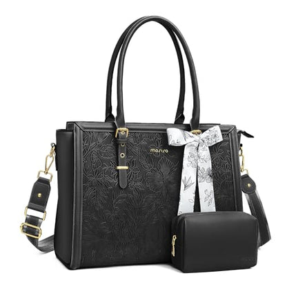MOSISO Laptop Bag for Women, 15.6-16 inch PU Leather Tote Bag | Compatible with MacBook, HP,Dell,Asus, Front Embossed Retro Hibiscus Computer Bags with Silk Scarf&Clutch Purse, Black - color: Black, size: 16 inch