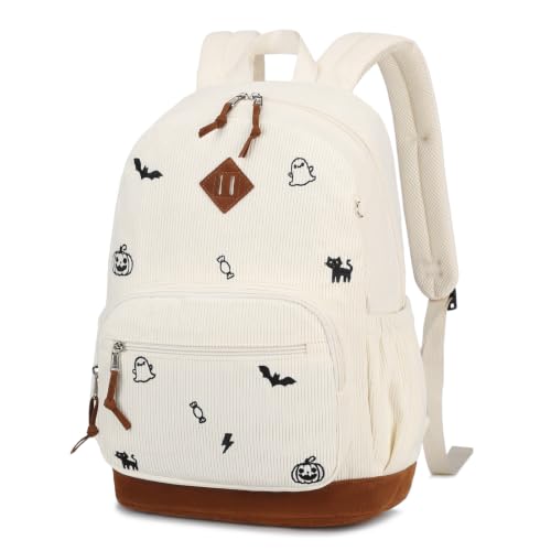 mygreen Corduroy Backpack with Cute Halloween Embroidery Daily School Bag | Soft corduroy outer, lovely embroidery decor; lightweight sturdy build; polyester padded back delivers stable & soft support - color: Halloween Cream White